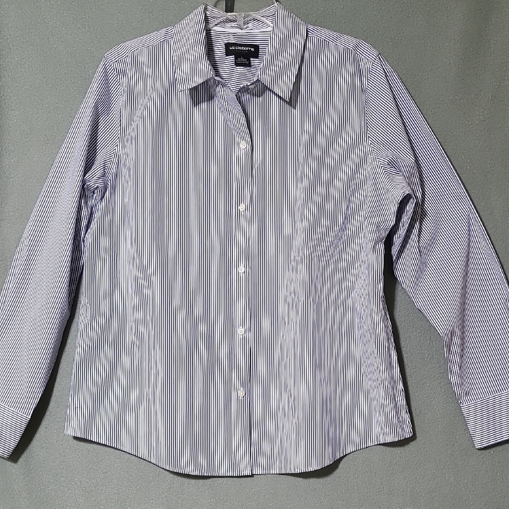 LIZ CLAIBORNE Career Wrinkle Free Blue & White Striped Long Sleeve Blouse Size L